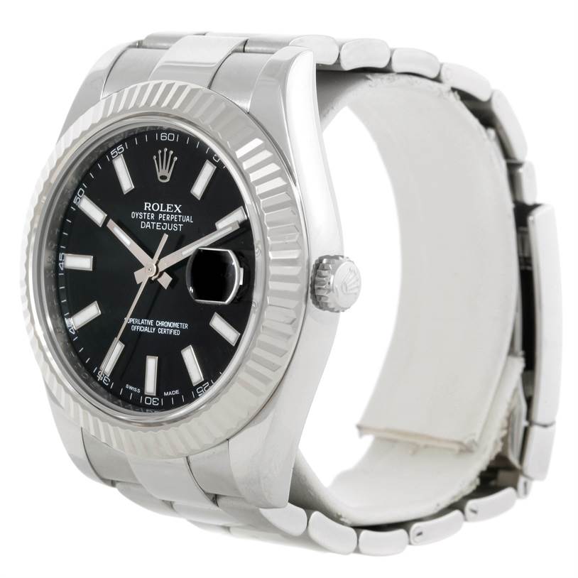 The image shows a Rolex Datejust 41 116334 Men's Stainless Steel Black Dial 116334 Men's Stainless Steel Black Dial watch, angled to display the watch face and the side, including the crown and bracelet.