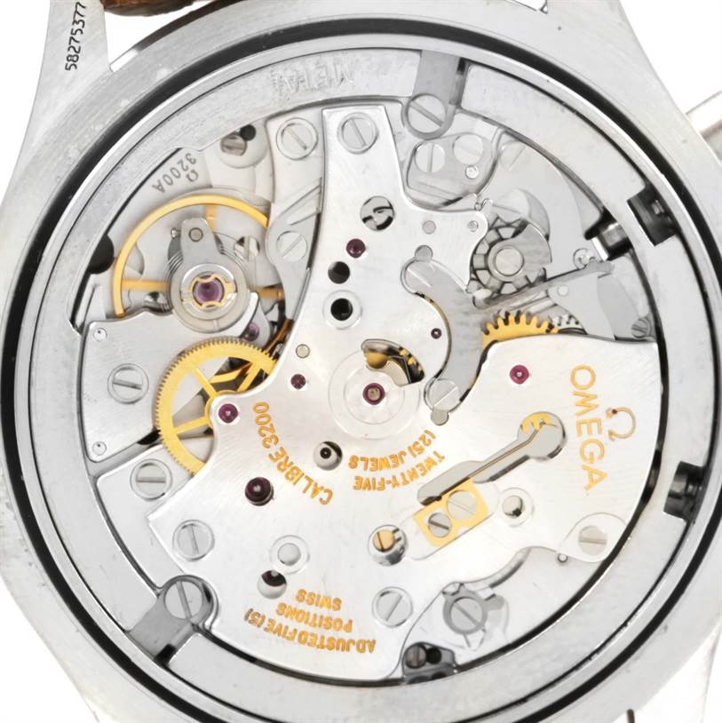 This image shows a close-up view of the movement and internal mechanism of the Omega Museum 5702.50.02 Men's Stainless Steel Black Dial 5702.50.02 Men's Stainless Steel Black Dial model watch.