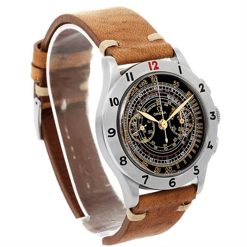 This Omega Museum 5702.50.02 Men's Stainless Steel Black Dial 5702.50.02 Men's Stainless Steel Black Dial model watch is shown at an oblique angle, highlighting the face, bezel, and leather strap.