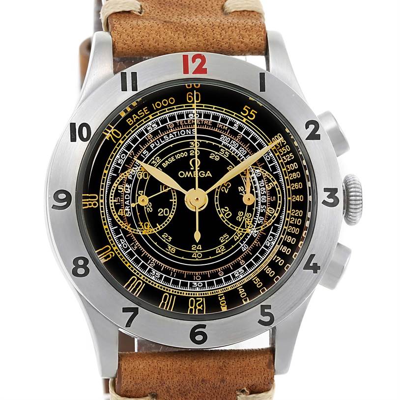 This image shows a front view of the Omega Museum 5702.50.02 Men's Stainless Steel Black Dial 5702.50.02 Men's Stainless Steel Black Dial model watch with a black dial, gold accents, and a brown leather strap.