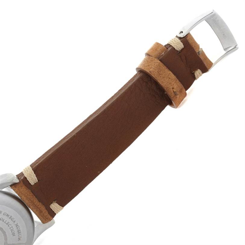 This image shows the back of the Omega Museum 5702.50.02 Men's Stainless Steel Black Dial 5702.50.02 Men's Stainless Steel Black Dial model watch, specifically the leather strap and the buckle.