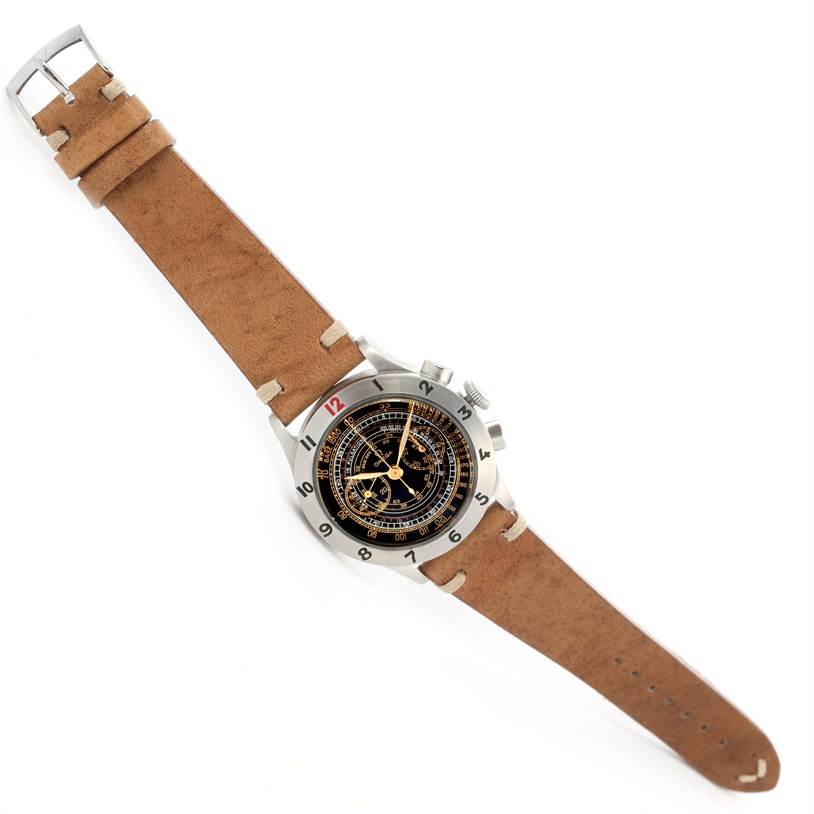 This Omega Museum 5702.50.02 Men's Stainless Steel Black Dial 5702.50.02 Men's Stainless Steel Black Dial model watch is shown from a top-down angle, showcasing its dial, case, and brown leather strap.