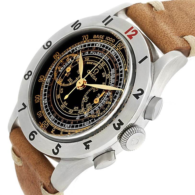 The image shows an Omega Museum 5702.50.02 Men's Stainless Steel Black Dial 5702.50.02 Men's Stainless Steel Black Dial model watch at a three-quarter angle, displaying the dial, bezel, pushers, crown, and leather strap.