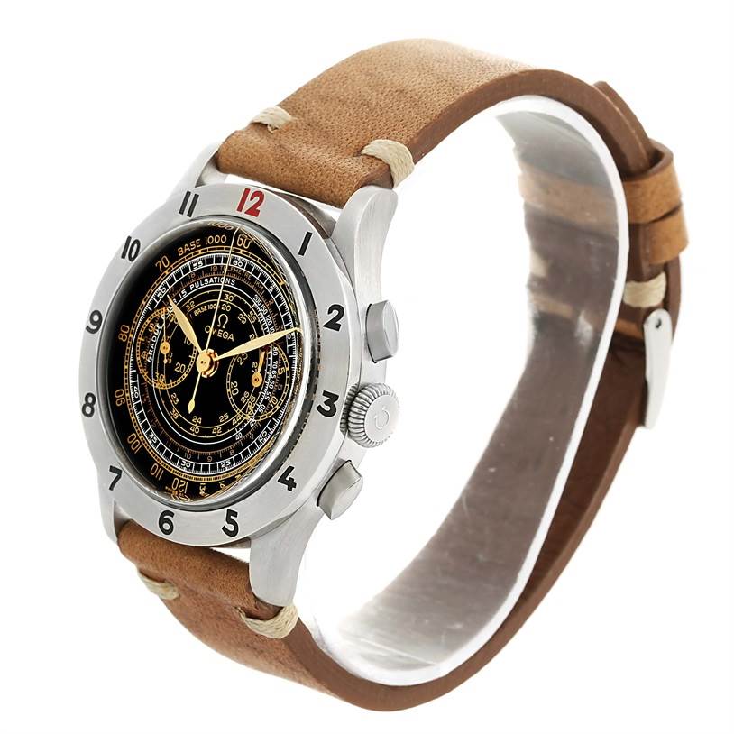 This image shows an Omega Museum 5702.50.02 Men's Stainless Steel Black Dial 5702.50.02 Men's Stainless Steel Black Dial model watch from an angled side view, displaying its face, bezel, crown, pushers, and leather strap.