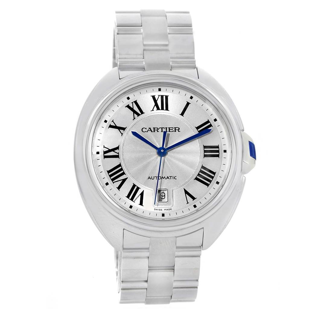 This Cartier Cle WSCL0007 Men's Stainless Steel Silver Dial WSCL0007 Men's Stainless Steel Silver Dial model watch is shown from a front angle, displaying the dial, hands, bracelet, and date window.