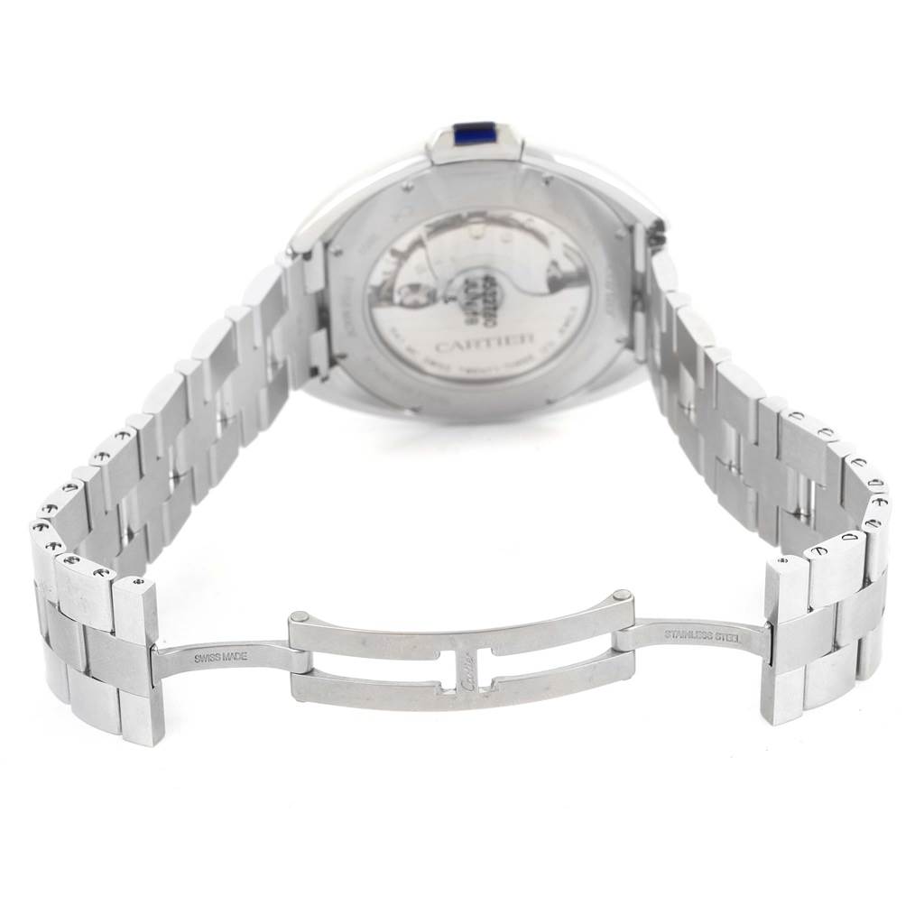 The image shows the back view of the Cle model watch by Cartier, including its case, bracelet, and deployment clasp.
