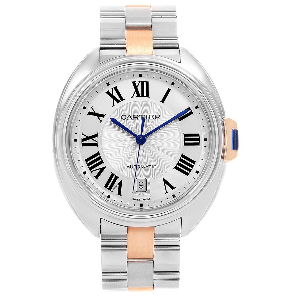 This image shows a Cle de Cartier watch from the front, including its face, bracelet, and crown.