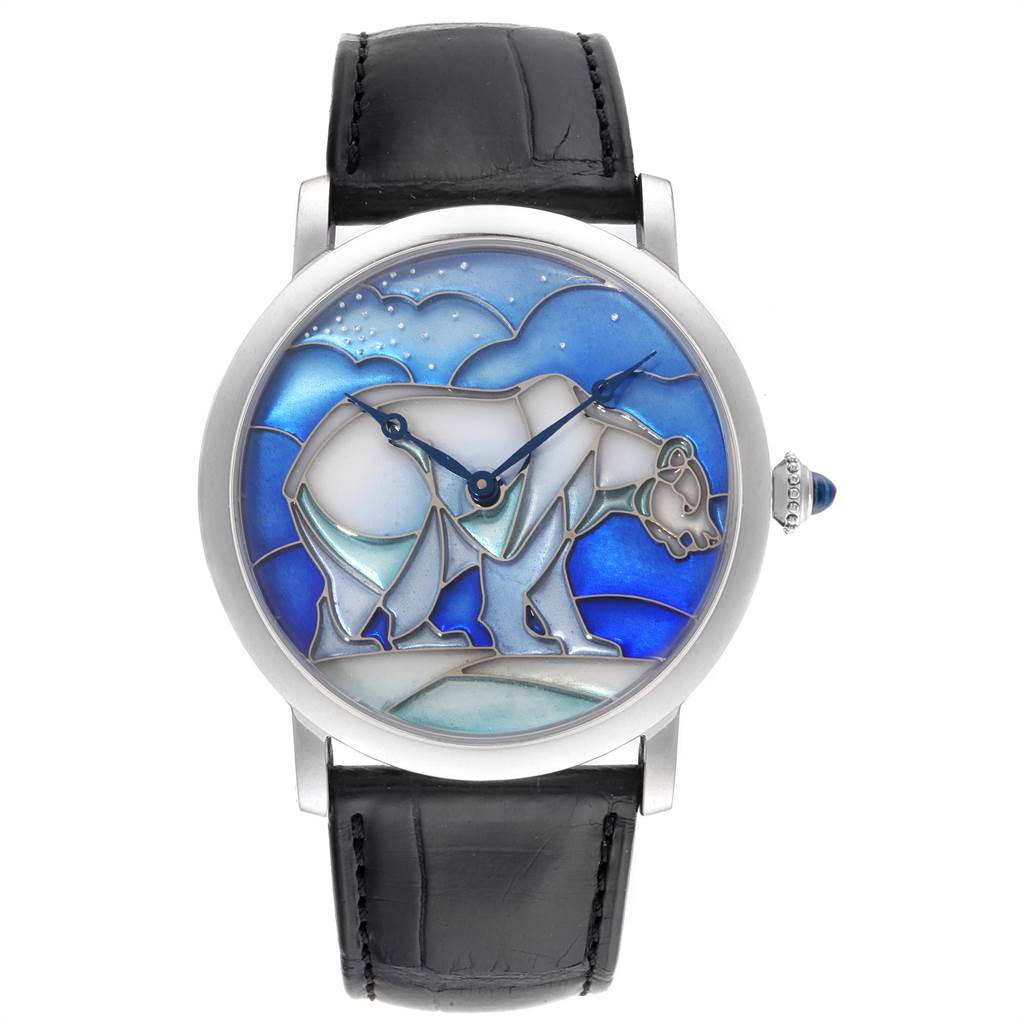 The image shows a front view of the Cartier Rotonde HPI00540 Men's White Gold Blue Dial HPI00540 Men's White Gold Blue Dial watch, highlighting its artistic polar bear dial and black leather strap.