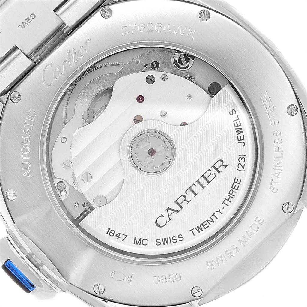 The image shows the back view of a Cartier Clé watch, highlighting its internal mechanism and detailing.