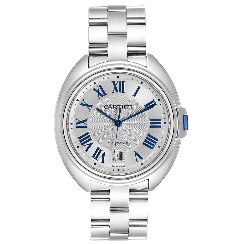 This image shows a front view of the Cartier Cle WSCL0007 Men's Stainless Steel Silver Dial WSCL0007 Men's Stainless Steel Silver Dial watch, highlighting the dial, bracelet, and blue Roman numerals.