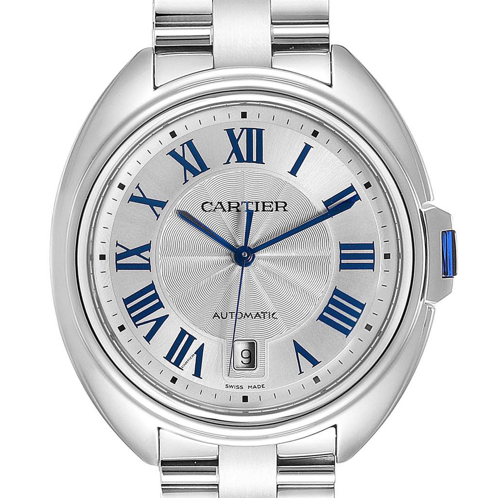 The image shows a front view of the Cartier Cle WSCL0007 Men's Stainless Steel Silver Dial WSCL0007 Men's Stainless Steel Silver Dial watch, highlighting the face, Roman numerals, hands, and partial bracelet.