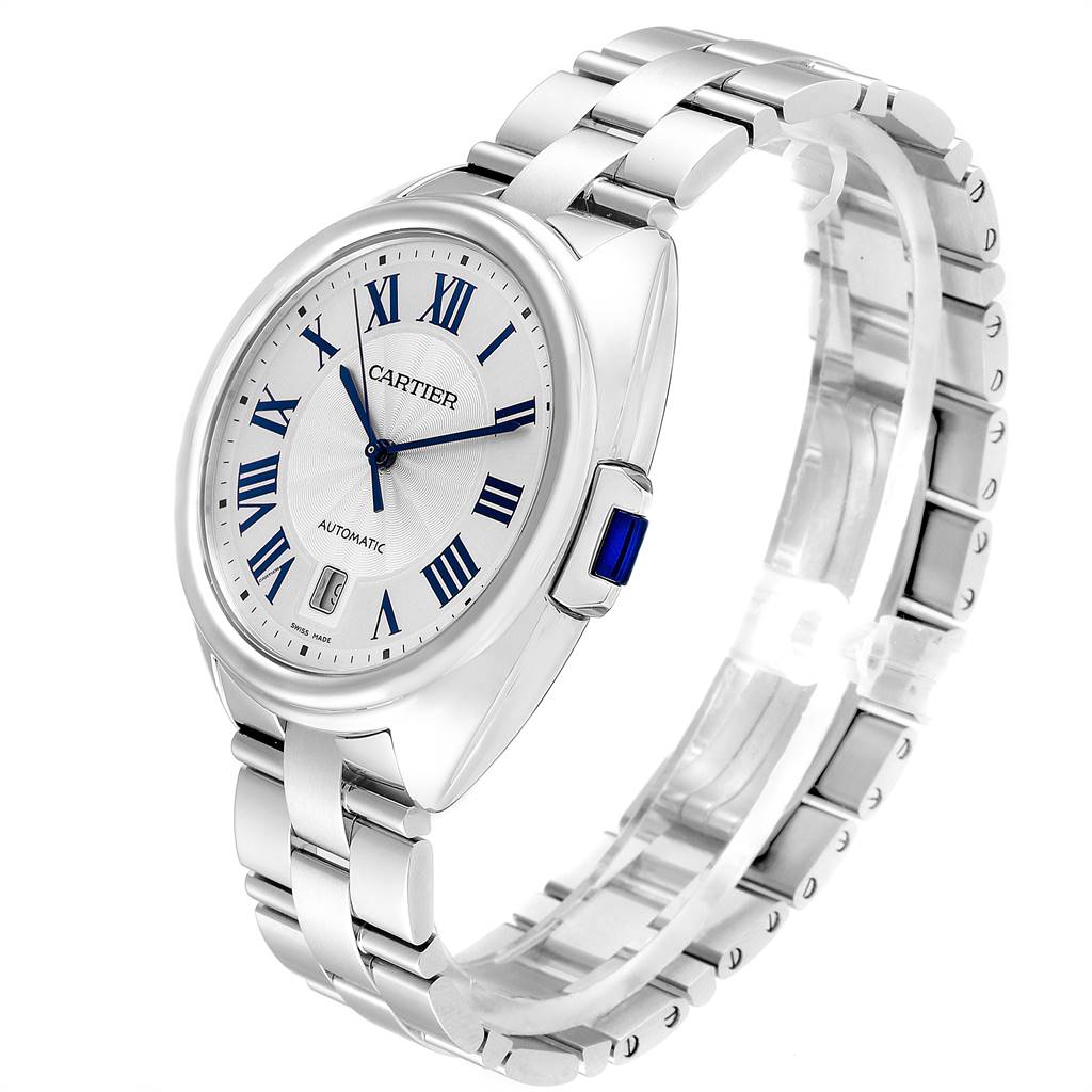 This image shows a Cartier Cle WSCL0007 Men's Stainless Steel Silver Dial WSCL0007 Men's Stainless Steel Silver Dial model watch from an angled side view with a focus on the face, crown, and bracelet.