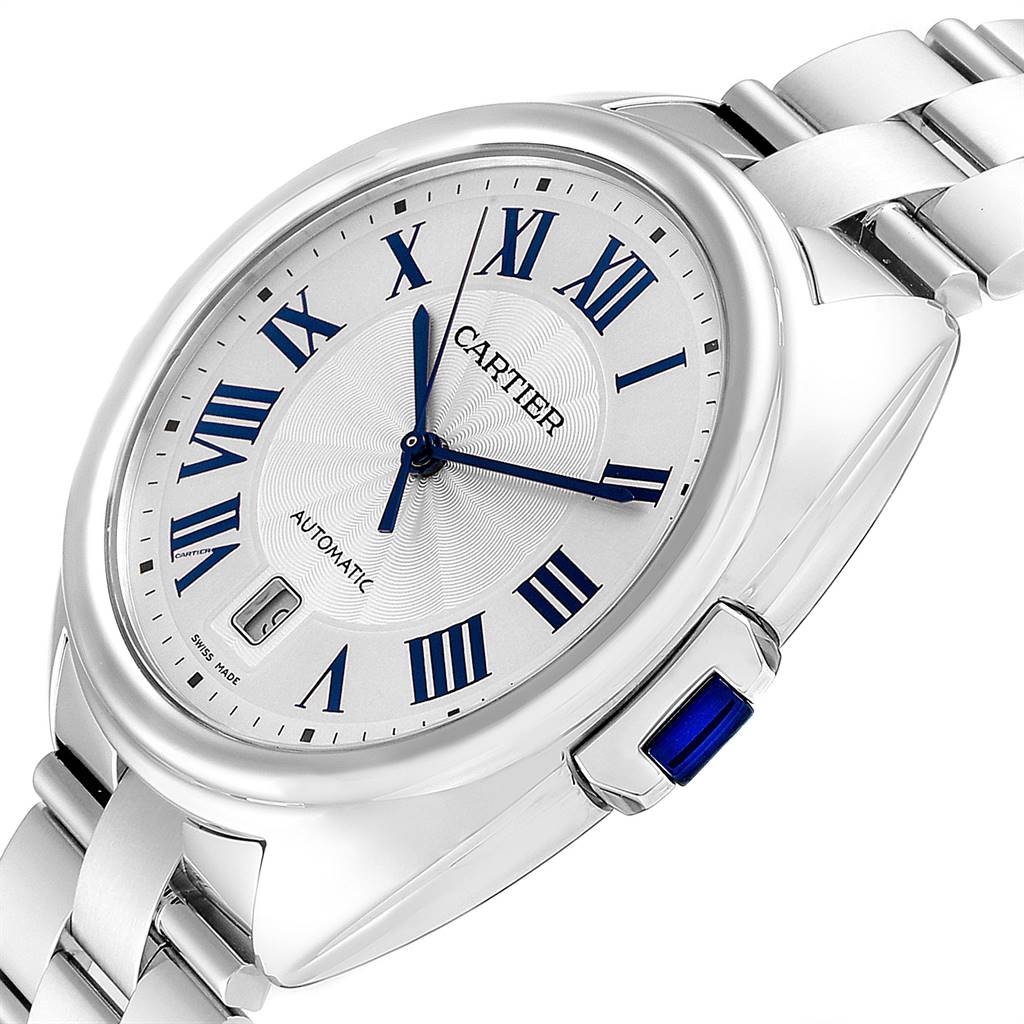 This image shows the Cartier Clé watch from an angled view, highlighting the watch face, case, and part of the bracelet.