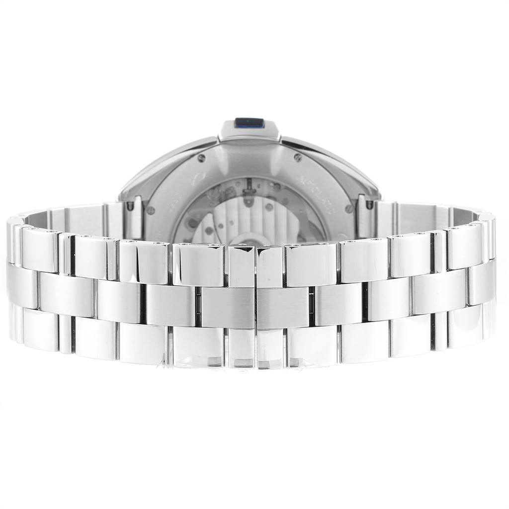 The image shows the back view of a Cartier Cle WSCL0007 Men's Stainless Steel Silver Dial WSCL0007 Men's Stainless Steel Silver Dial model watch, focusing on its bracelet and partially visible case back.
