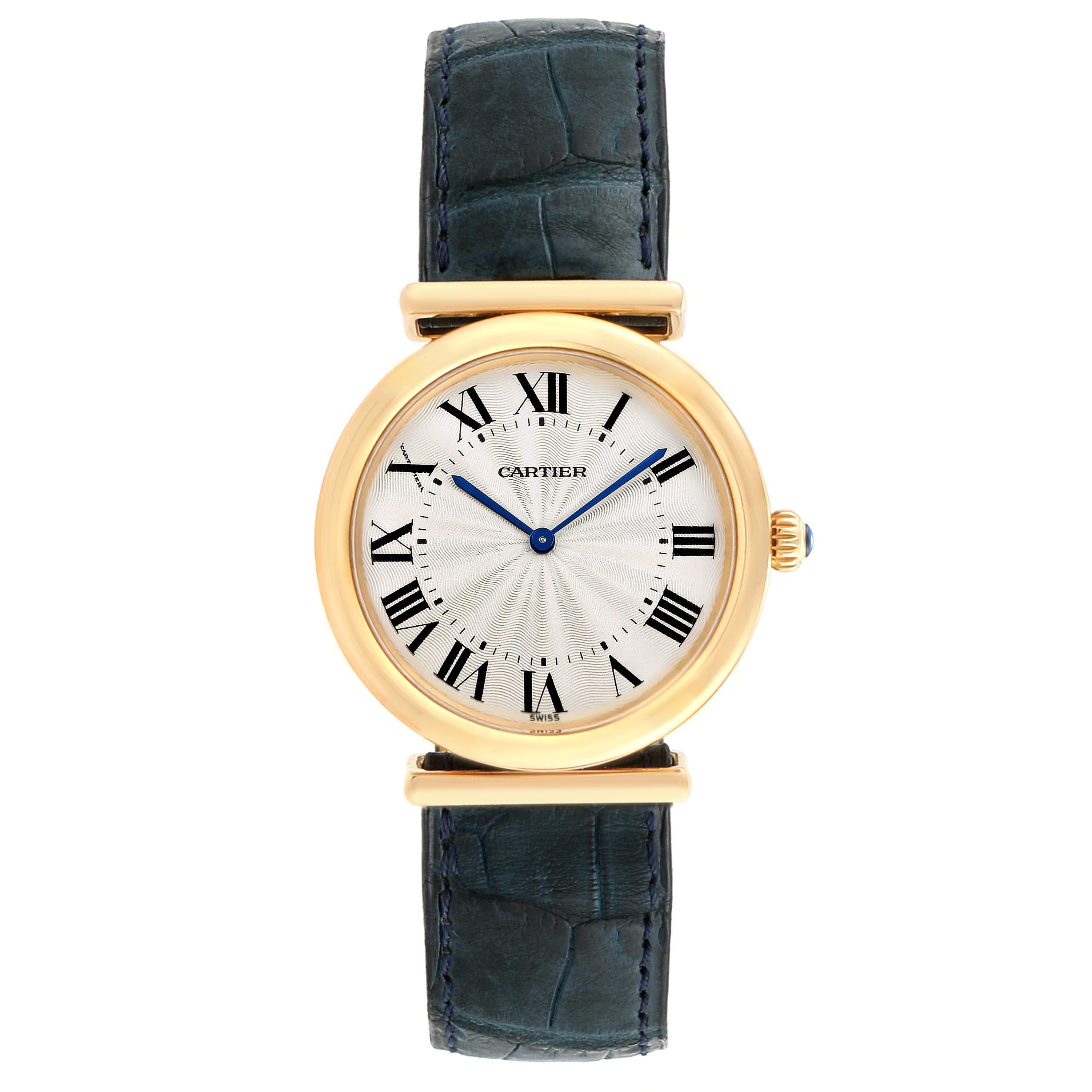 The image shows a front view of the Cartier Vendome W1514457 Men's Yellow Gold Silver Dial W1514457 Men's Yellow Gold Silver Dial watch featuring its face, Roman numerals, and dark strap.