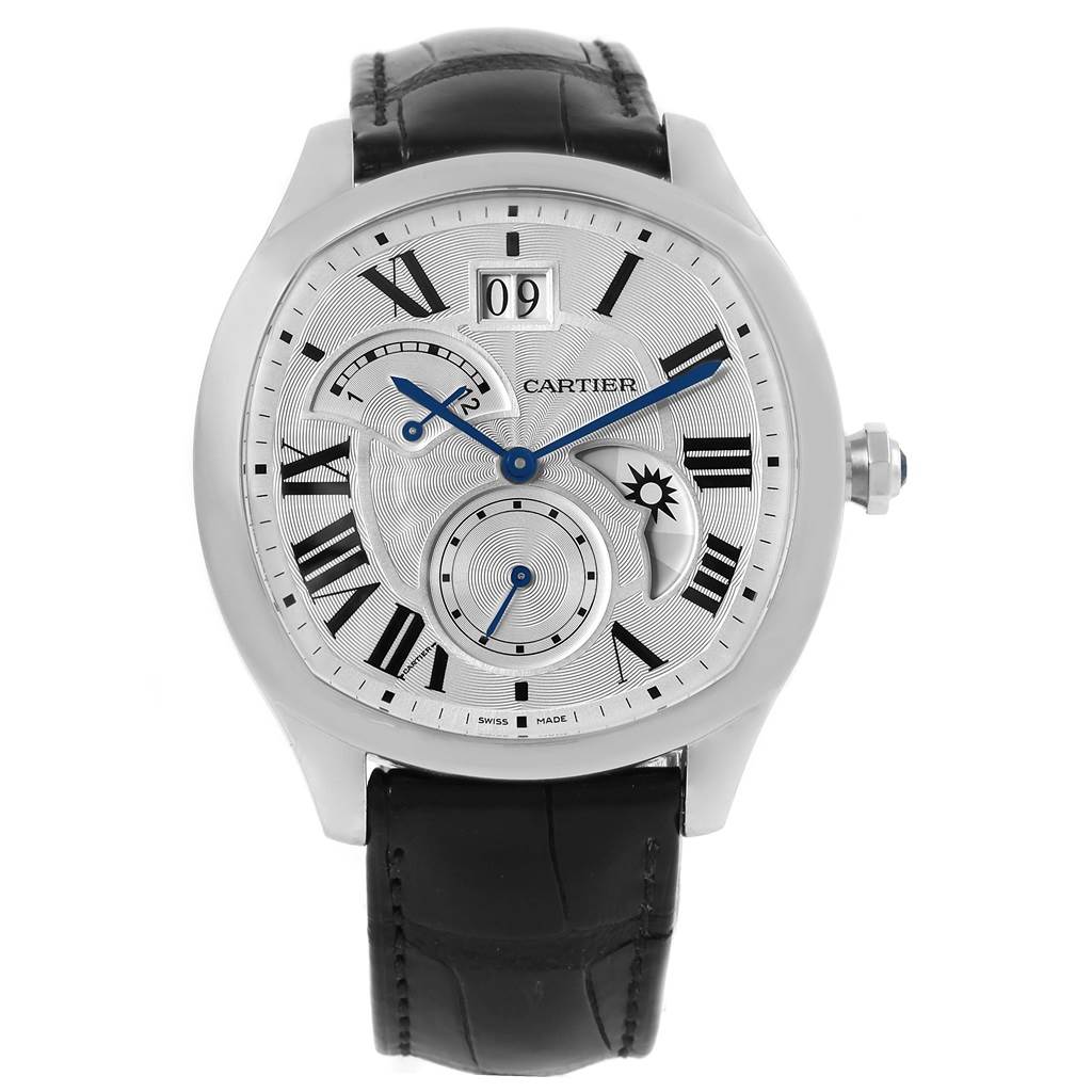 This Drive de Cartier watch by Cartier is shown from a front angle, displaying the face, hands, subdials, and strap.