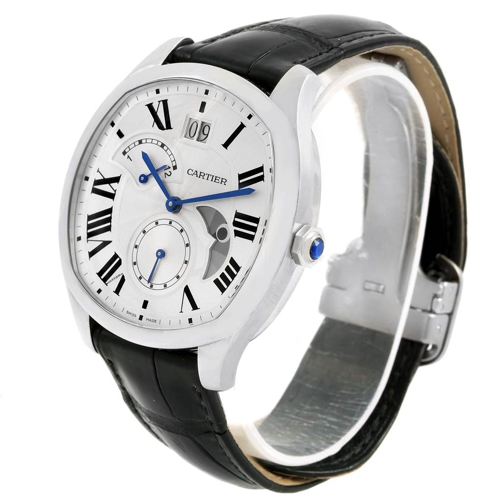This image shows a Drive de Cartier watch by Cartier at a three-quarter angle, displaying its dial, case, and black leather strap.