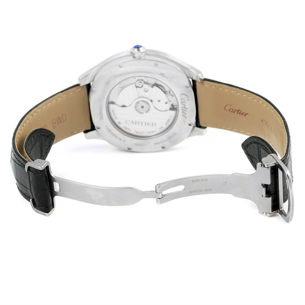 The image shows the back case and open clasp of the Drive de Cartier watch by Cartier from a rear angle.