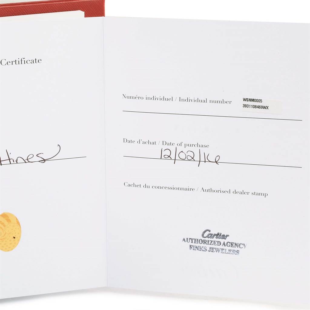 The image shows the certificate of authenticity and purchase information for the Drive de Cartier model by Cartier.