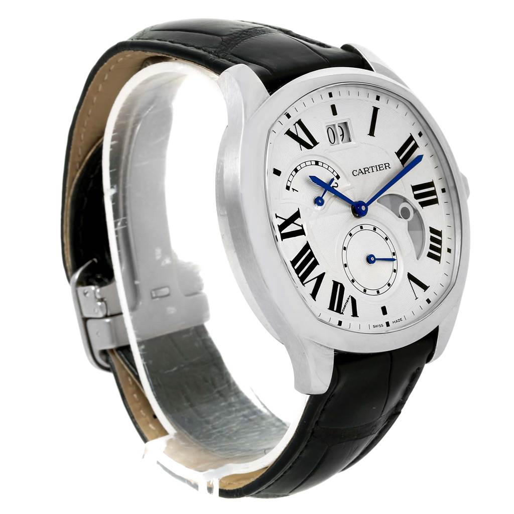 This image shows a Drive de Cartier watch by Cartier at an oblique angle, highlighting the face, strap, and part of the buckle.