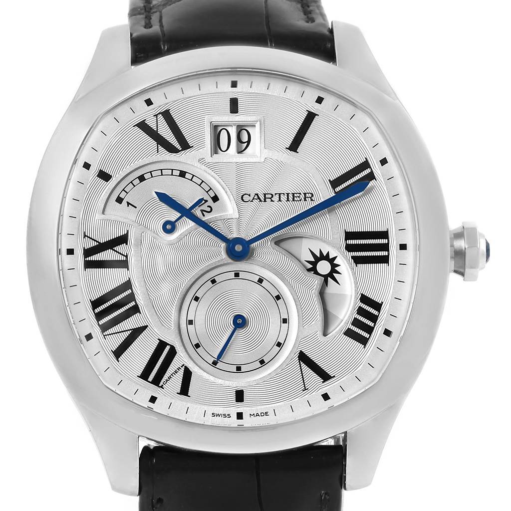 The image shows a frontal view of the Drive de Cartier watch by Cartier, featuring its detailed silver dial and subdials.