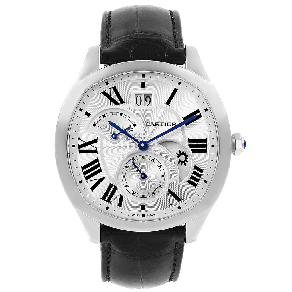 This is a straight-on view of a Drive de Cartier watch by Cartier, showcasing its face, dial, and leather strap.