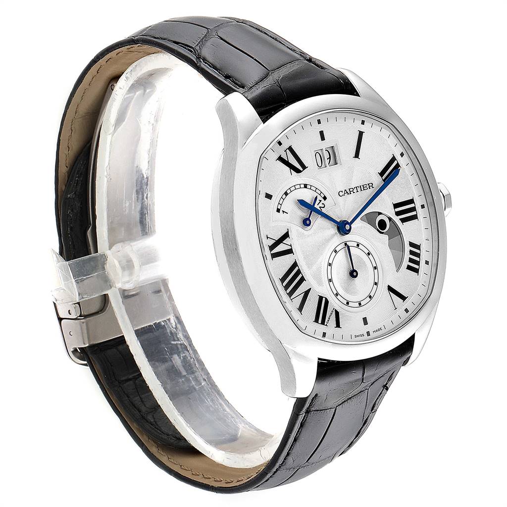 The image shows a Drive de Cartier watch by Cartier at an angle highlighting its face, strap, and side profile.
