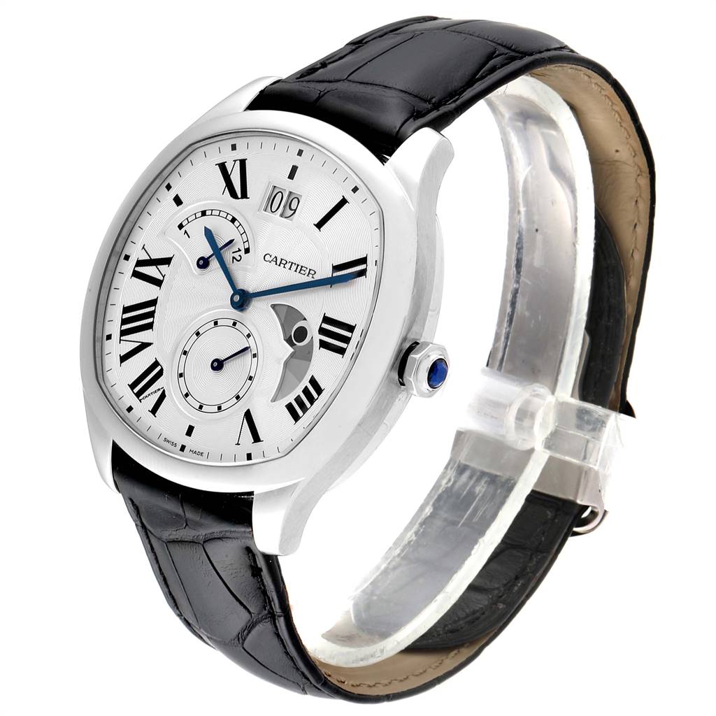 The image shows a detailed view of the Drive de Cartier watch by Cartier at a three-quarter angle, highlighting the face, strap, and crown.