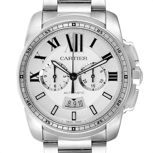 Photo of Cartier Calibre Silver Dial Chronograph Mens Watch W7100045 Box Papers