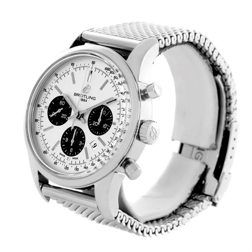 The Breitling Transocean AB015212/G724-154A Men
s Stainless Steel Silver Dial AB015212/G724-154A Men
s Stainless Steel Silver Dial watch is shown at a three-quarter angle, highlighting the dial, crown, pushers, and mesh bracelet.