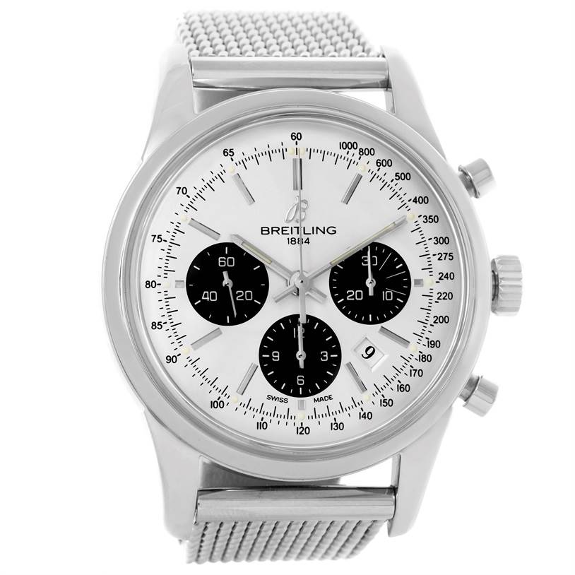 The image shows a front view of the Breitling Transocean AB015212/G724-154A Men
s Stainless Steel Silver Dial AB015212/G724-154A Men
s Stainless Steel Silver Dial watch, featuring its dial, chronograph subdials, and mesh strap.