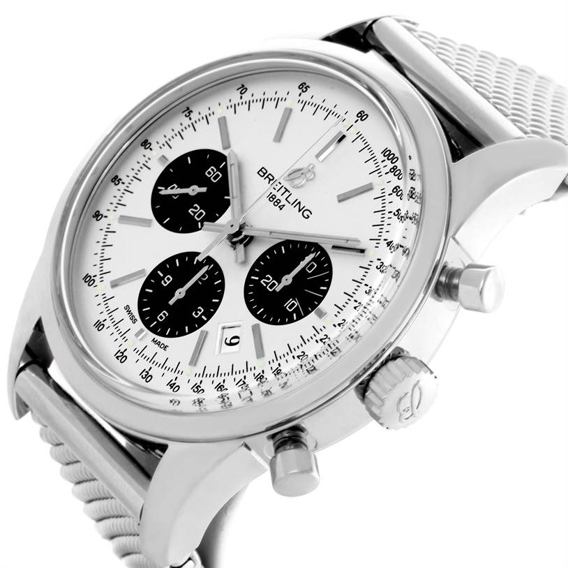The Breitling Transocean AB015212/G724-154A Men
s Stainless Steel Silver Dial AB015212/G724-154A Men
s Stainless Steel Silver Dial watch is shown at a slight angle, displaying its face, side buttons, crown, and partial metal mesh strap.