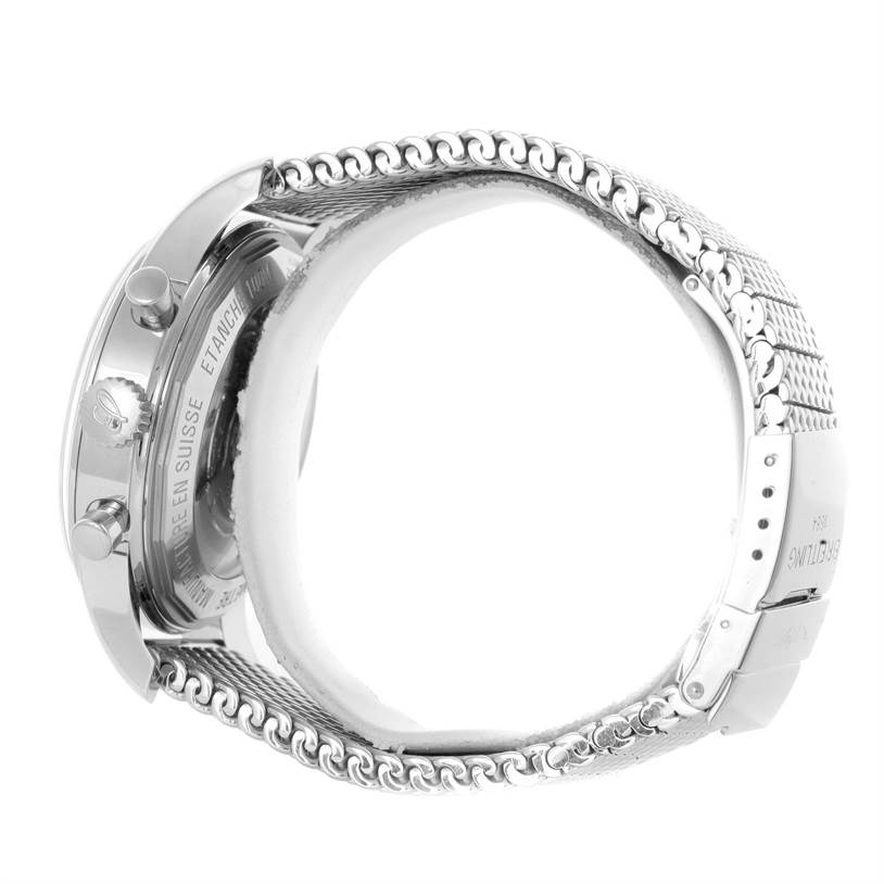 This side view image showcases the casing, crown, pushers, and stainless steel mesh strap of the Breitling Transocean AB015212/G724-154A Men
s Stainless Steel Silver Dial AB015212/G724-154A Men
s Stainless Steel Silver Dial watch.