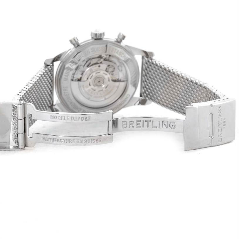 The image shows the back and clasp of a Breitling Transocean AB015212/G724-154A Men
s Stainless Steel Silver Dial AB015212/G724-154A Men
s Stainless Steel Silver Dial watch, highlighting the bracelet and inscriptions.