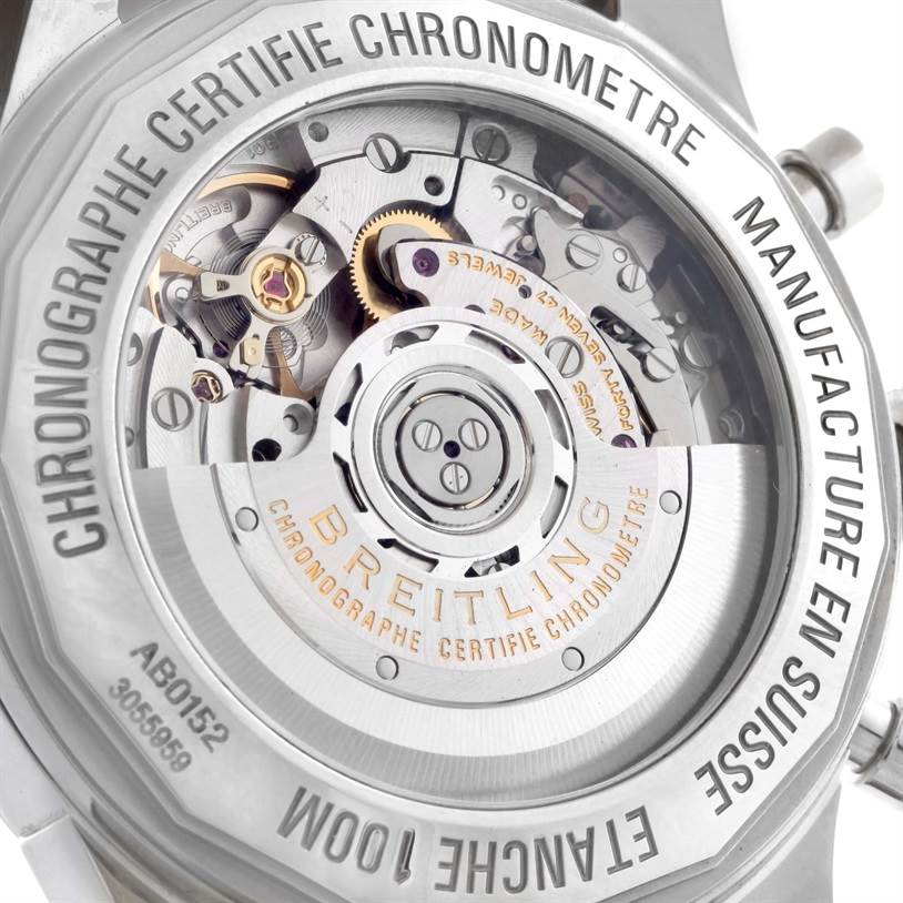 This image shows the back view of a Breitling Transocean AB015212/G724-1CT Men's Stainless Steel Silver Dial AB015212/G724-1CT Men's Stainless Steel Silver Dial watch, highlighting its intricate mechanical movement.