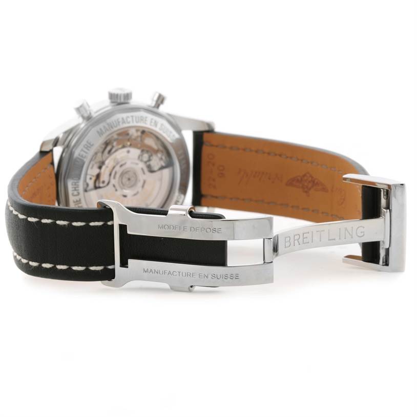 The image shows the back angle of a Breitling Transocean AB015212/G724-1CT Men's Stainless Steel Silver Dial AB015212/G724-1CT Men's Stainless Steel Silver Dial watch, highlighting its open case back and partially open leather strap clasp.