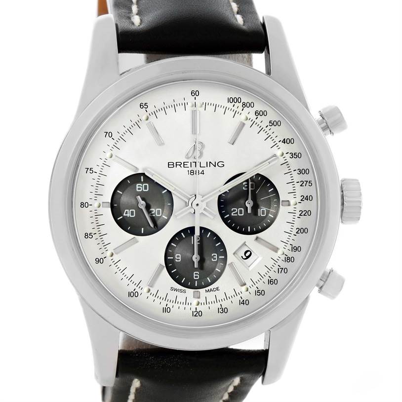 This image shows a Breitling Transocean AB015212/G724-1CT Men's Stainless Steel Silver Dial AB015212/G724-1CT Men's Stainless Steel Silver Dial watch face at a straight-on angle, displaying the dial, hands, subdials, and a leather strap.