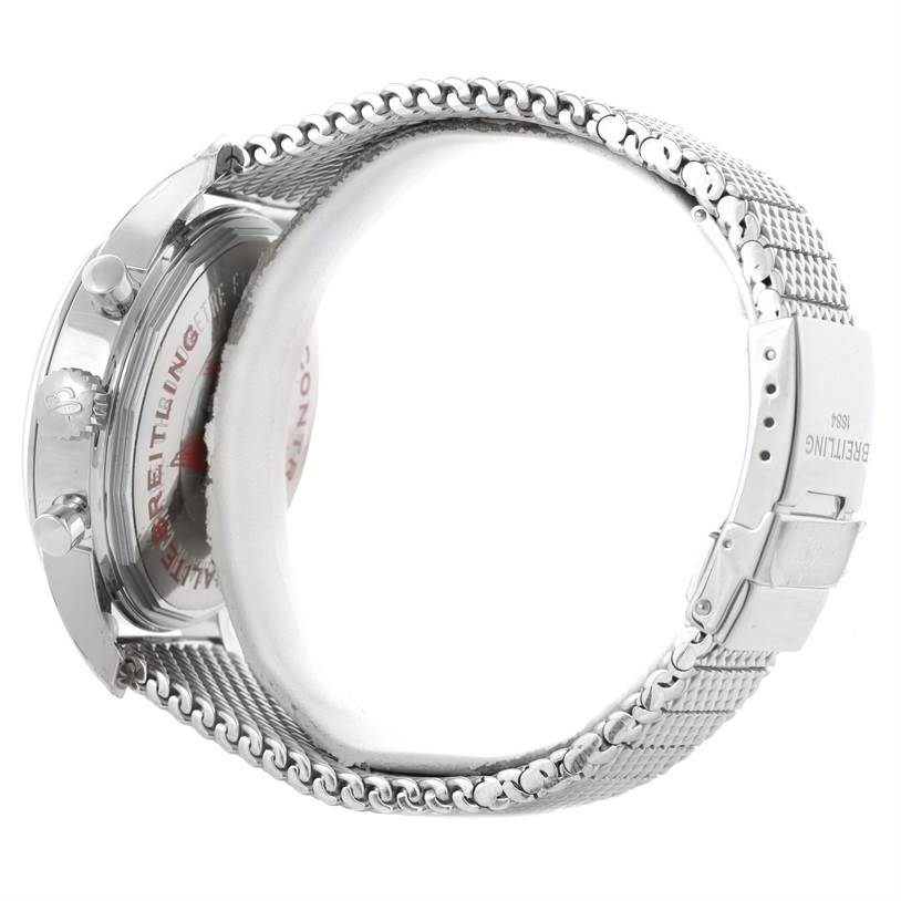 The image shows a side view of a Breitling Transocean AB0510U4.BB62.152A Men's Stainless Steel Black Dial AB0510U4.BB62.152A Men's Stainless Steel Black Dial watch, focusing on its case, crown, and mesh bracelet with the clasp visible.