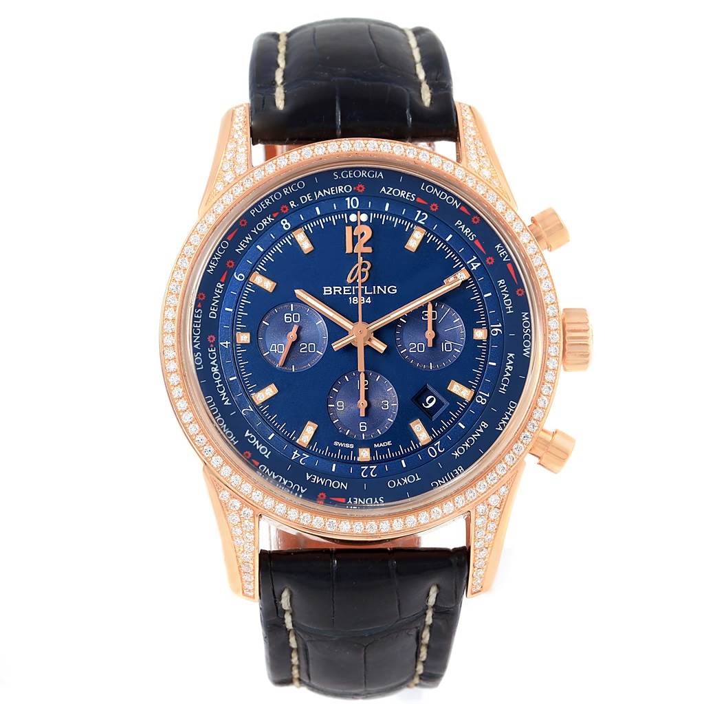 The image shows a front view of the Breitling Transocean RB0152BF-C861-LC Men's Rose Gold Blue Dial RB0152BF-C861-LC Men's Rose Gold Blue Dial watch with a blue dial, gold case, and black leather strap.