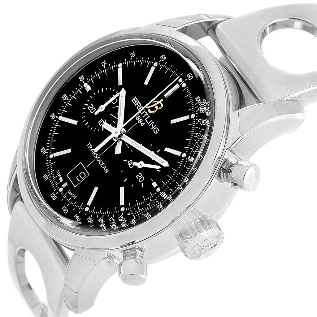 The image shows a close-up of the Breitling Transocean A41310 Stainless Steel Black Dial A41310 Stainless Steel Black Dial watch from an angled side view, highlighting the dial, crown, and pushers.