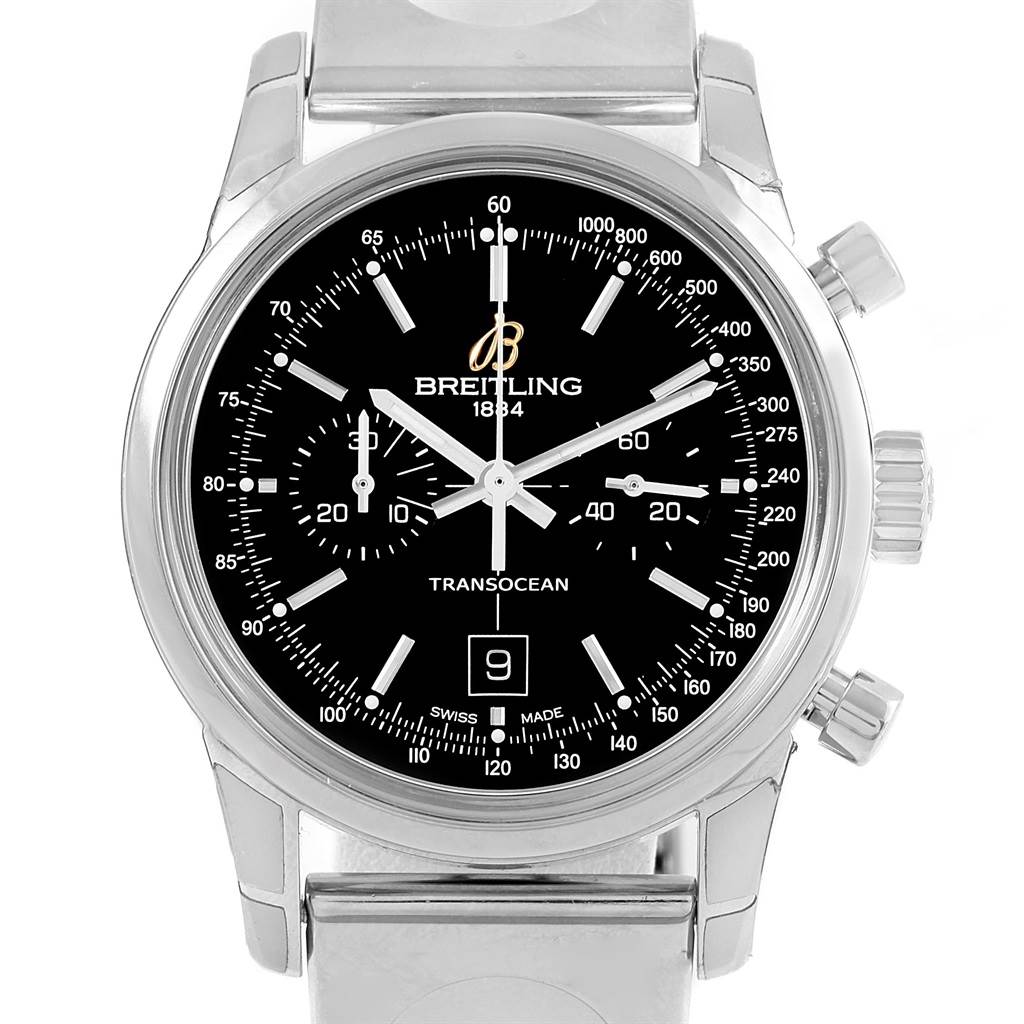 This image shows a front-facing view of the Breitling Transocean A41310 Stainless Steel Black Dial A41310 Stainless Steel Black Dial watch, highlighting its dial, case, and chronograph features.