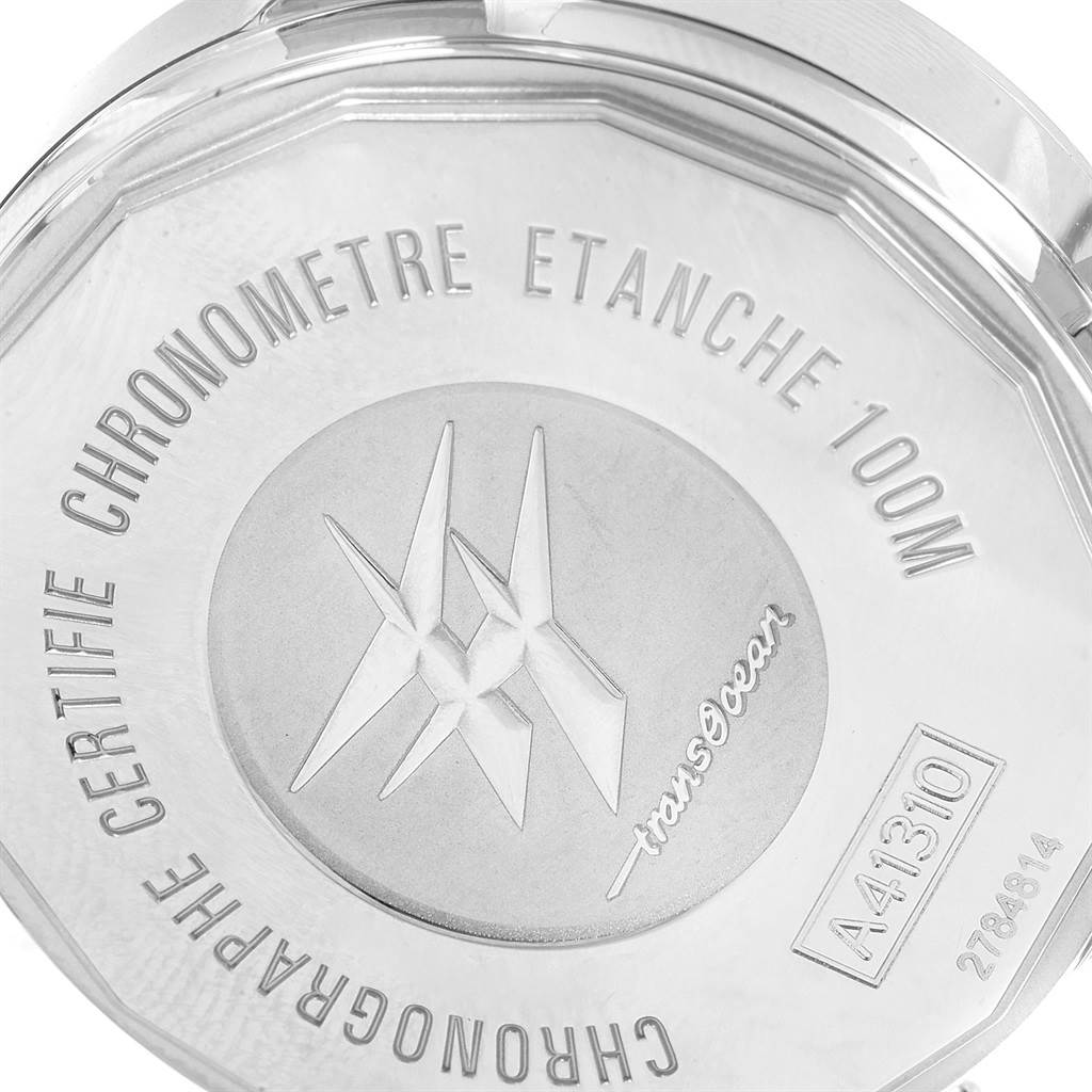 The image shows the case back of the Breitling Transocean A41310 Stainless Steel Black Dial A41310 Stainless Steel Black Dial watch, highlighting the engravings and logo.