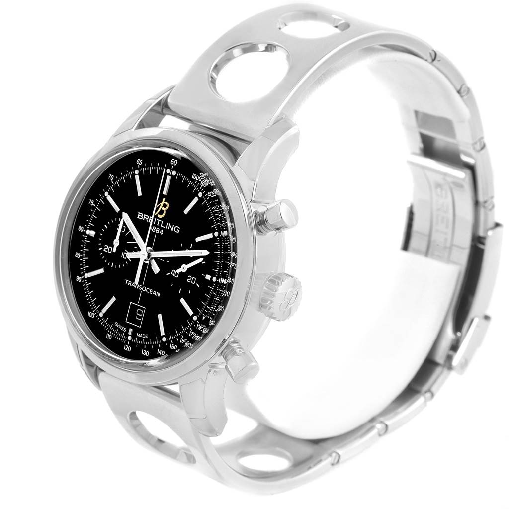 The image shows a Breitling Transocean A41310 Stainless Steel Black Dial A41310 Stainless Steel Black Dial watch at an angled view highlighting the black dial, crown, pushers, and metal strap with cutouts.