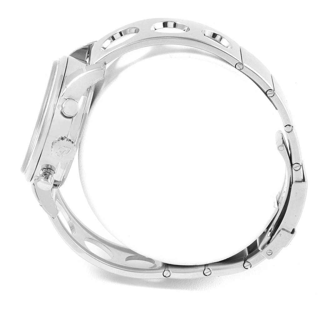 This image shows a side view angle of a Breitling Transocean A41310 Stainless Steel Black Dial A41310 Stainless Steel Black Dial watch, highlighting the case, crown, and bracelet.