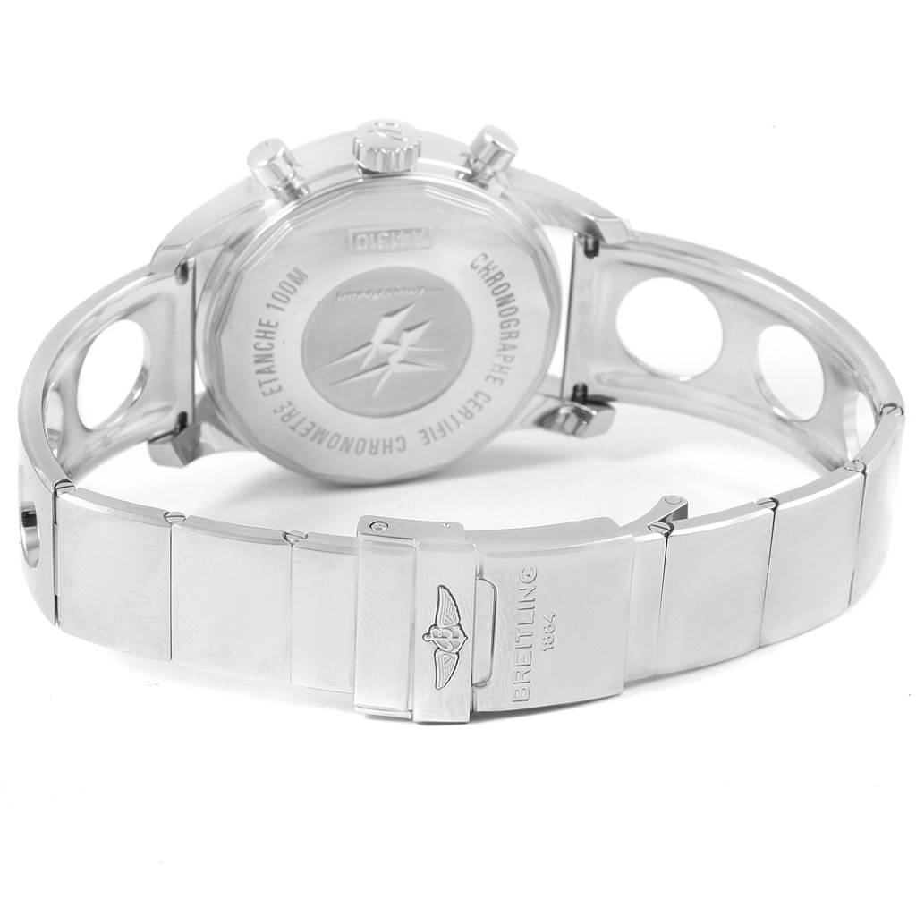 The image shows the back and clasp of a Breitling Transocean A41310 Stainless Steel Black Dial A41310 Stainless Steel Black Dial watch, highlighting its stainless steel bracelet and case back engravings.