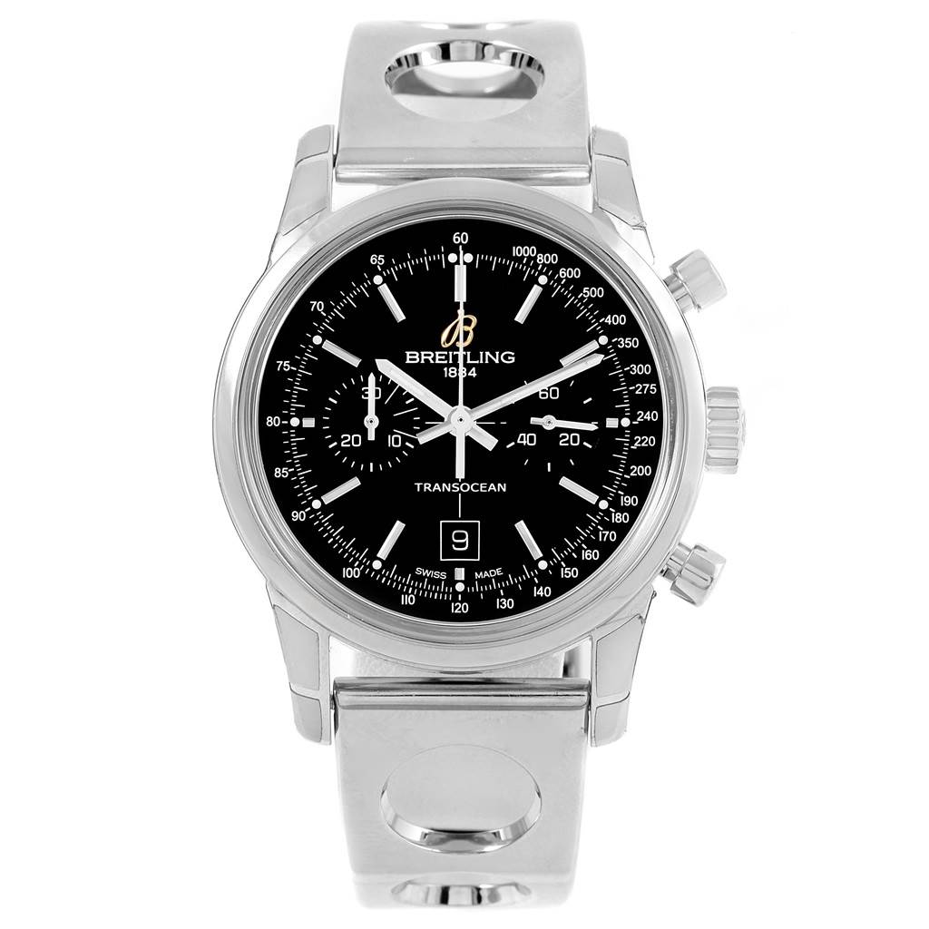The Breitling Transocean A41310 Stainless Steel Black Dial A41310 Stainless Steel Black Dial watch is shown from a front angle, displaying its black dial, chronograph, and stainless steel bracelet.