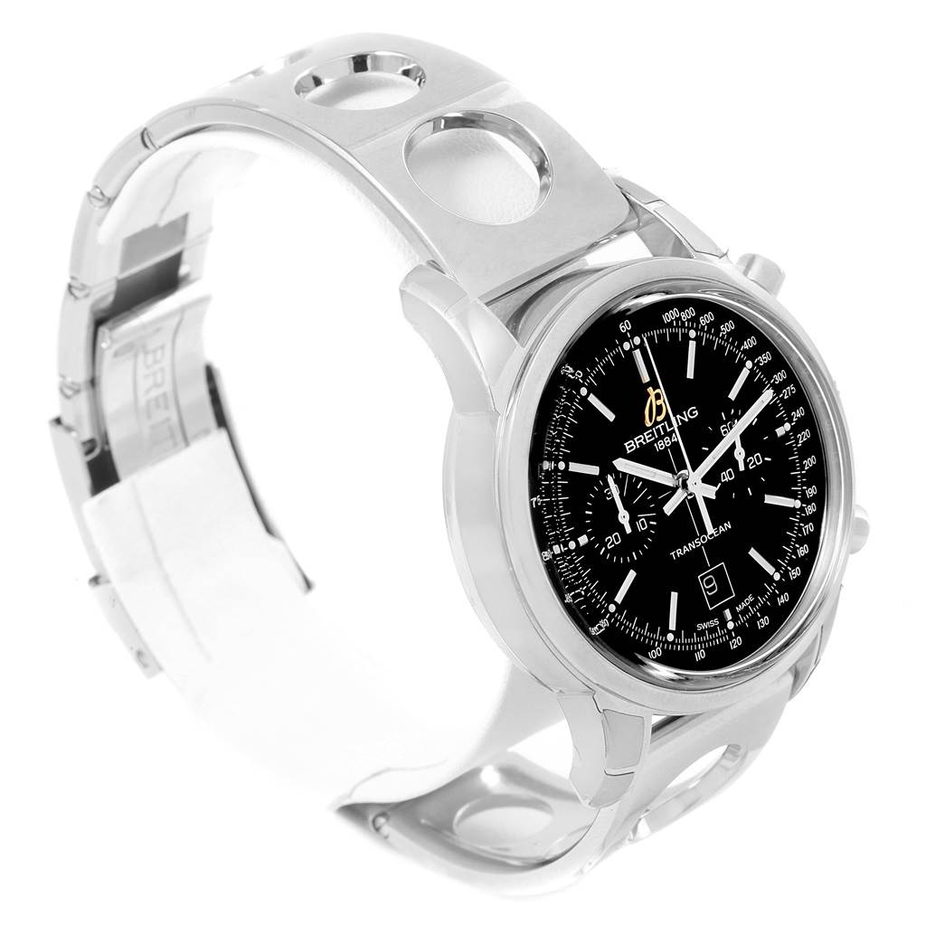 This image depicts a side angle of a Breitling Transocean A41310 Stainless Steel Black Dial A41310 Stainless Steel Black Dial watch, showcasing its face, band, and clasp.