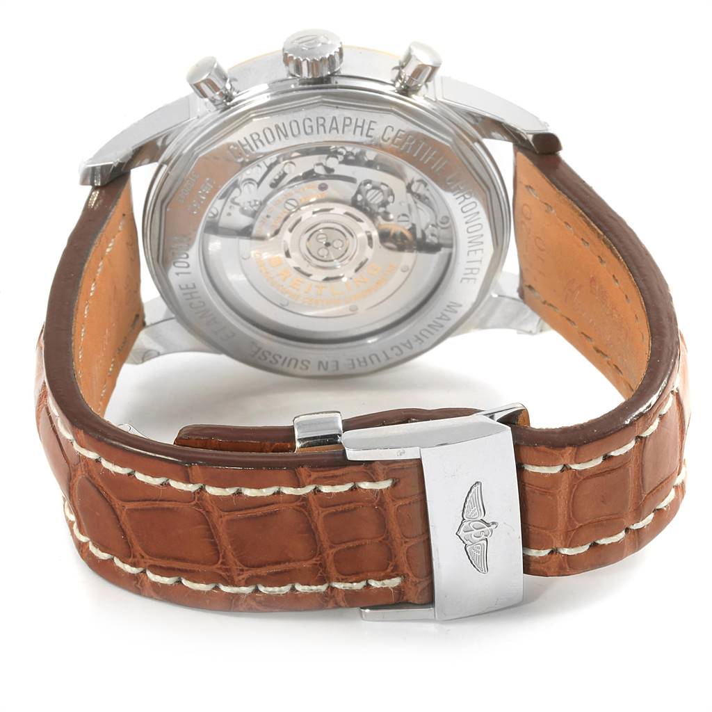 The image shows the back and clasp of the Breitling Transocean UB0152 Men's Stainless Steel Black Dial UB0152 Men's Stainless Steel Black Dial watch, highlighting its leather strap and exhibition case back.