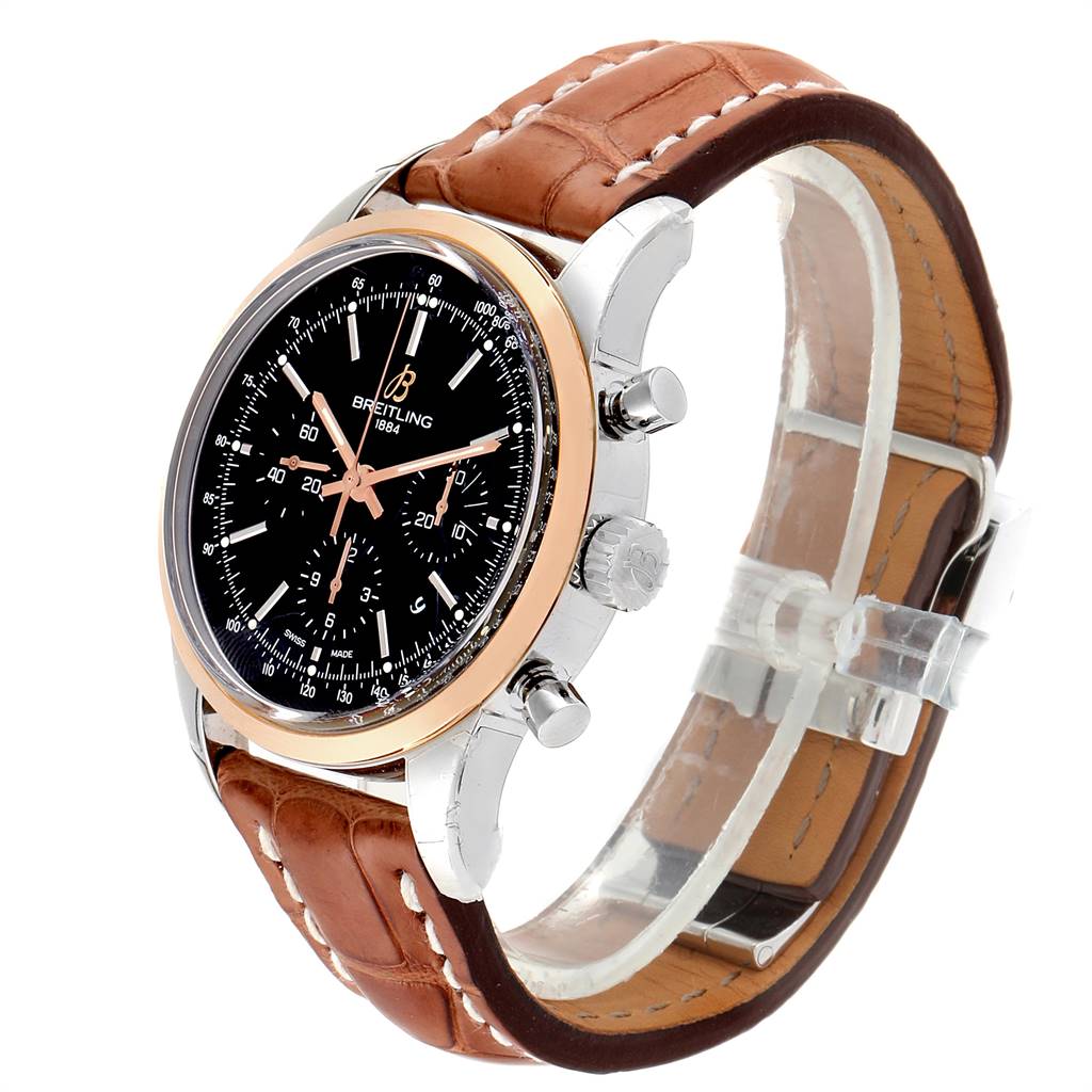 The Breitling Transocean UB0152 Men's Stainless Steel Black Dial UB0152 Men's Stainless Steel Black Dial watch is shown at a three-quarter angle, displaying the face, crown, pushers, and leather strap.