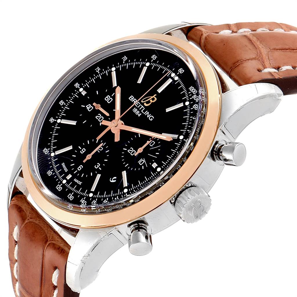 The image shows a side and angled view of the Breitling Transocean UB0152 Men's Stainless Steel Black Dial UB0152 Men's Stainless Steel Black Dial watch, highlighting the case, dial, crown, and leather strap.